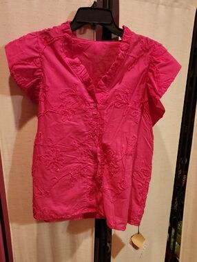 Bright Pink Embroidered Women's V-Neck Top
